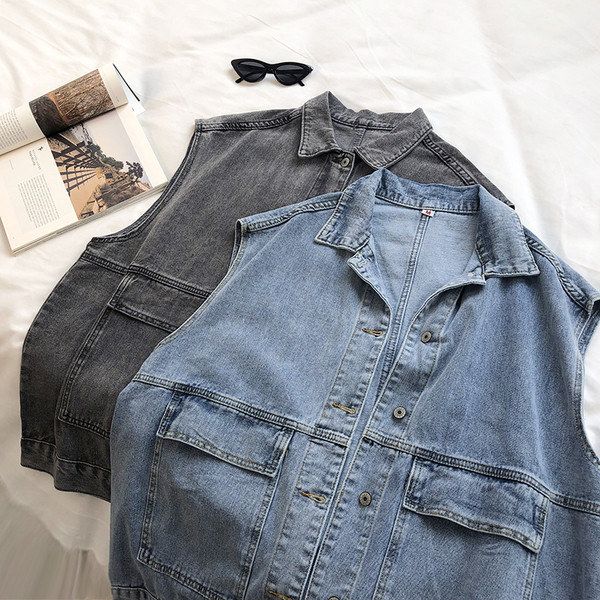 Dabartinis moteriškas džinsinis liemenės platus modelis su kišenėmis