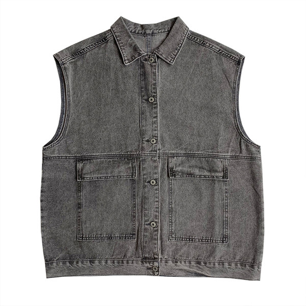 Dabartinis moteriškas džinsinis liemenės platus modelis su kišenėmis