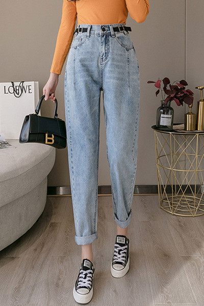 Blugi lungi casual de dama cu talie inalta si curea - model drept