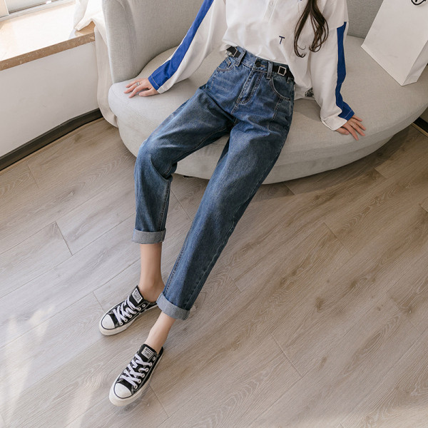 Blugi lungi casual de dama cu talie inalta si curea - model drept