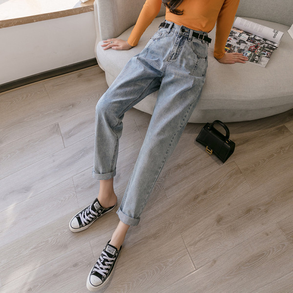 Blugi lungi casual de dama cu talie inalta si curea - model drept