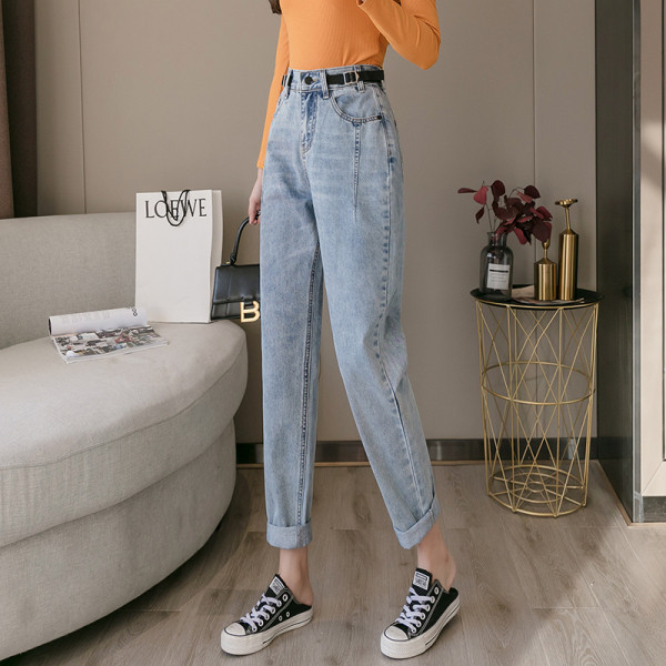 Blugi lungi casual de dama cu talie inalta si curea - model drept