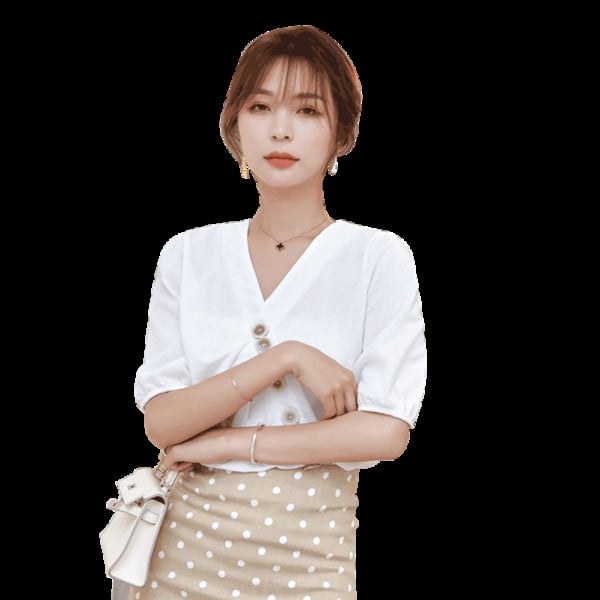 Cămașă casual de damă cu mâneci scurte, decolteu spitz și nasturi