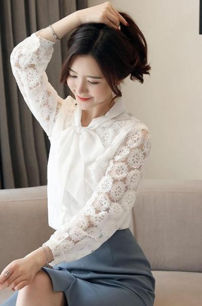 Új modell csipke női ing szalaggal és hosszú ujjal