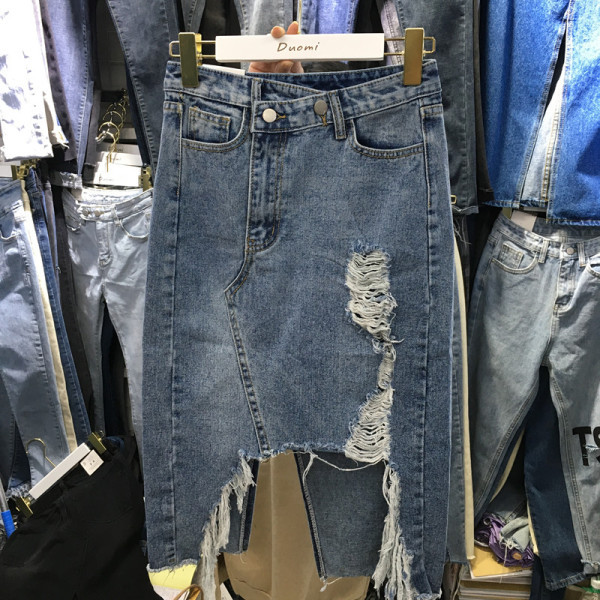 Fusta dama din denim model asimetric si motive rupte