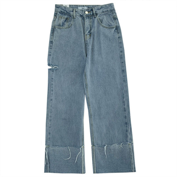 Blugi de dama cu motive rupte si talie inalta - model larg