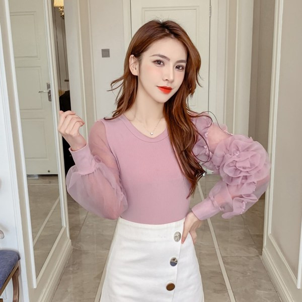 Jauna modeļa sieviešu ikdienas blūze ar tilla piedurknēm un ovālu kakla izgriezumu