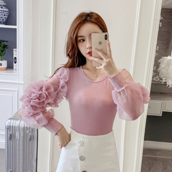 Jauna modeļa sieviešu ikdienas blūze ar tilla piedurknēm un ovālu kakla izgriezumu