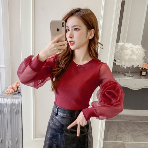 Jauna modeļa sieviešu ikdienas blūze ar tilla piedurknēm un ovālu kakla izgriezumu