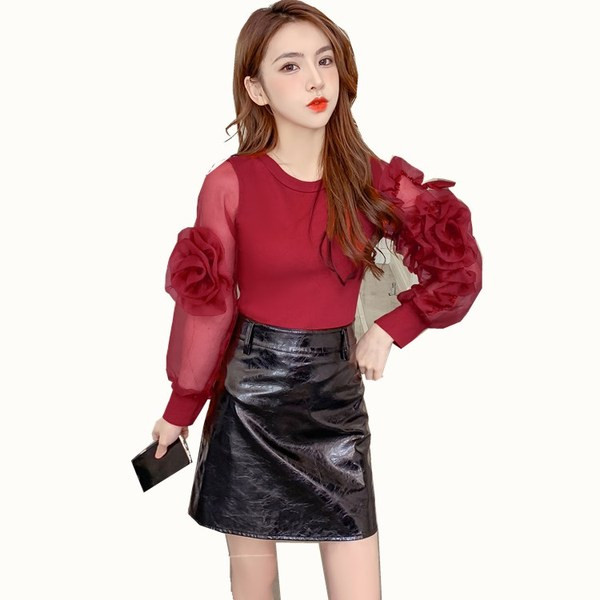 Jauna modeļa sieviešu ikdienas blūze ar tilla piedurknēm un ovālu kakla izgriezumu