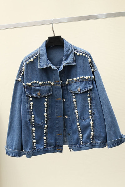 Tavaszi női farmerdzseki széles modell gyöngyökkel