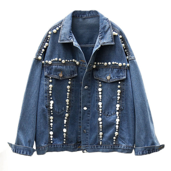 Tavaszi női farmerdzseki széles modell gyöngyökkel