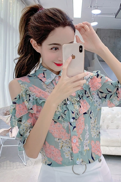 Cămașă casual de damă cu model floral și mâneci scurte