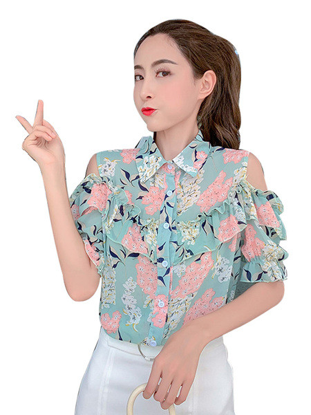 Cămașă casual de damă cu model floral și mâneci scurte