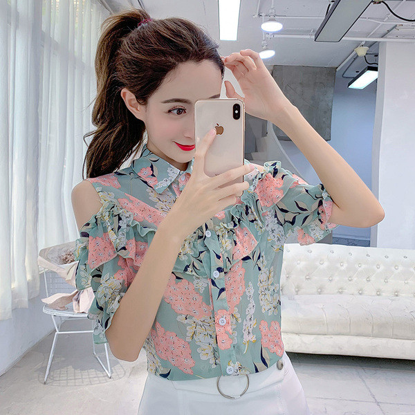 Cămașă casual de damă cu model floral și mâneci scurte