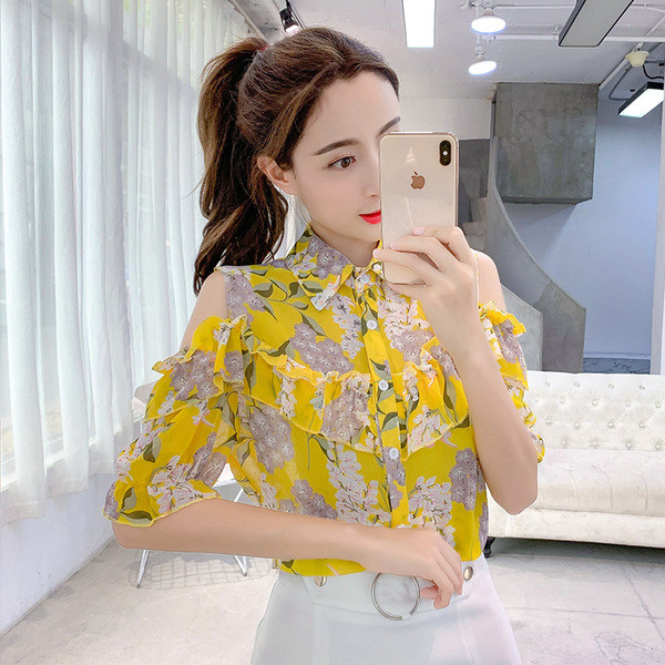 Cămașă casual de damă cu model floral și mâneci scurte