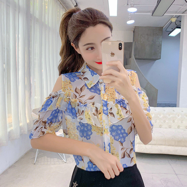 Cămașă casual de damă cu model floral și mâneci scurte