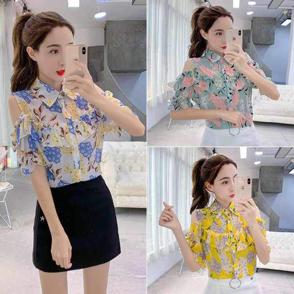 Cămașă casual de damă cu model floral și mâneci scurte