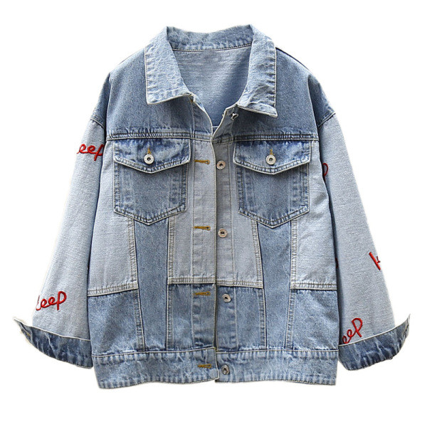 Ženska ležerna traper jakna sa džepovima i natpisima