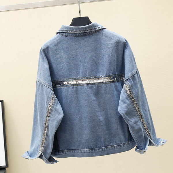 Široki model traper jakne s klasičnom kragnom i šljokicama