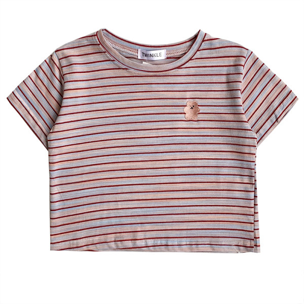 Prugasta ženska majica s kratkim rukavima i vezom