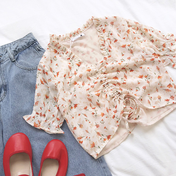 Cămașă de damă florală cu mâneci scurte și cravate