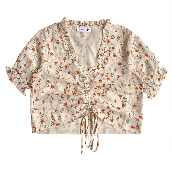 Cămașă de damă florală cu mâneci scurte și cravate