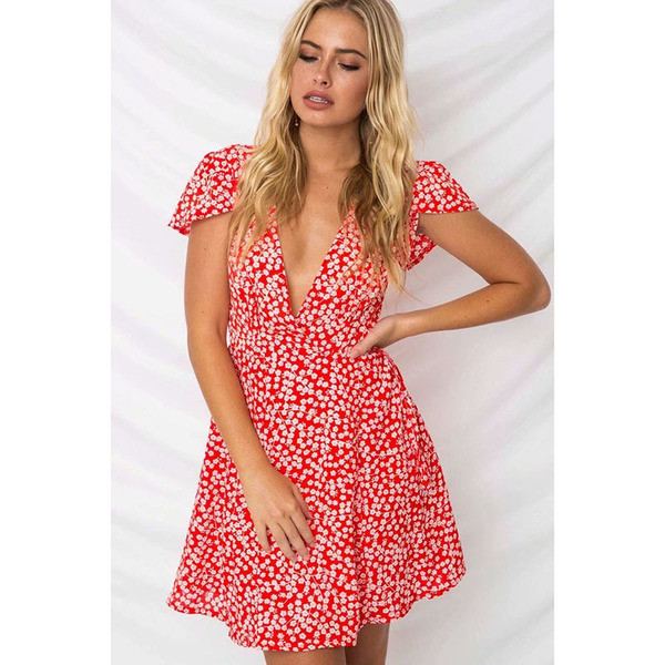 Rochie scurta de dama casual cu decolteu adanc cu puncte albe