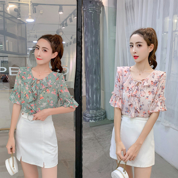 Sieviešu ikdienas krekls no šifona un ziedu raksta