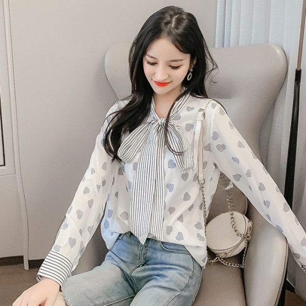 Camasa de dama model nou cu inimioare cu panglica si maneci lungi
