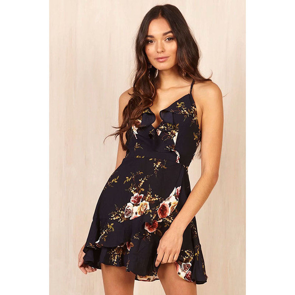 Alkalmi női rövid ruha vékony pántokkal, virágmintával