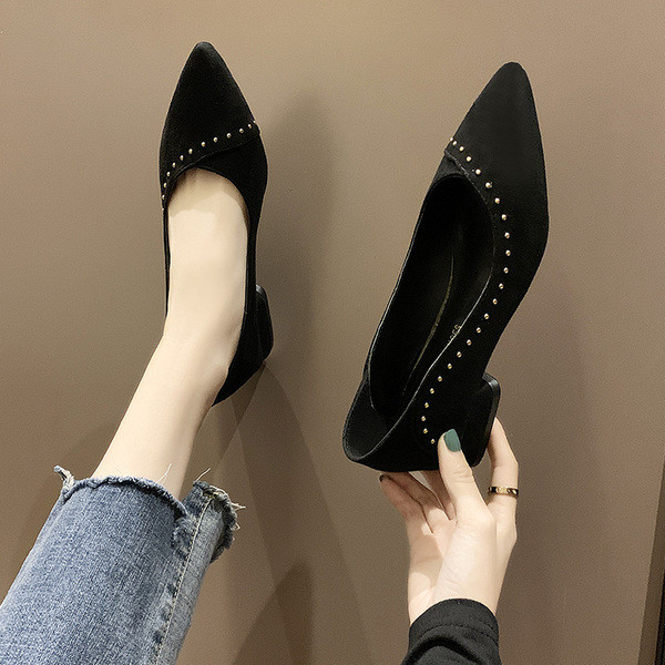 Elegantne ženske cipele na špic od eko brušene kože s metalnim elementima