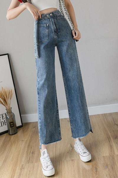 Blugi casual de dama cu talie inalta si curea in albastru