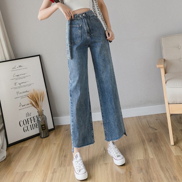 Blugi casual de dama cu talie inalta si curea in albastru