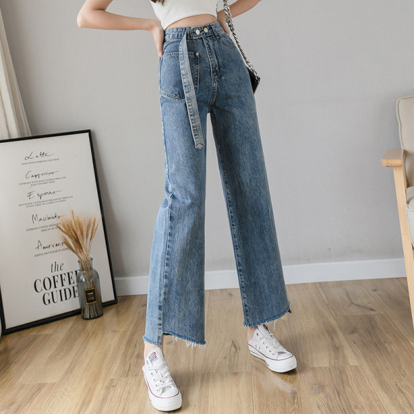 Blugi casual de dama cu talie inalta si curea in albastru