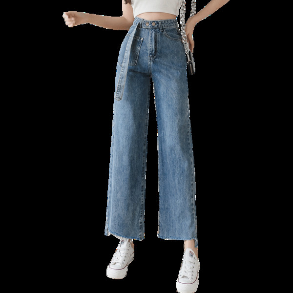 Blugi casual de dama cu talie inalta si curea in albastru