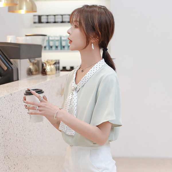 Naiste stiilne lühikeste varrukate ja pärlitega särk