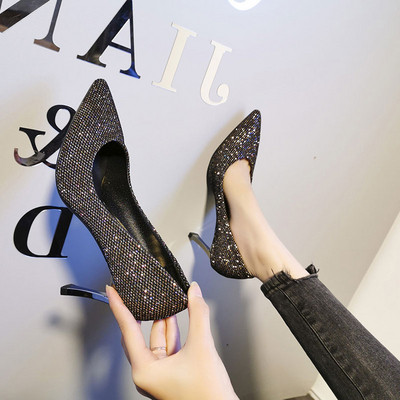 Pantofi de dama eleganti model ascutit cu toc subtire si efect stralucitor