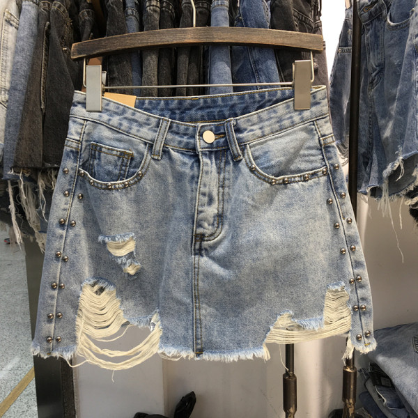 HIT Modernus moteriškas džinsinis sijonas su plėšytais mėlynos spalvos motyvais