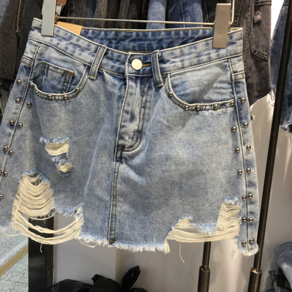 HIT Modernus moteriškas džinsinis sijonas su plėšytais mėlynos spalvos motyvais