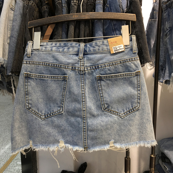 HIT Modernus moteriškas džinsinis sijonas su plėšytais mėlynos spalvos motyvais