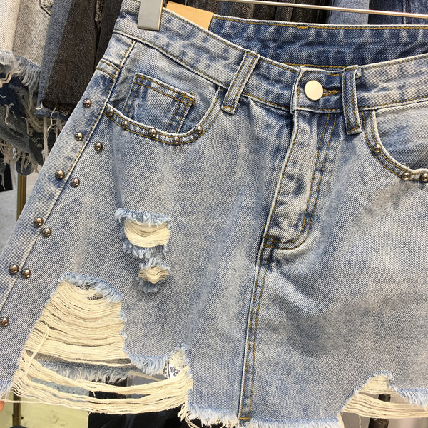 HIT Modernus moteriškas džinsinis sijonas su plėšytais mėlynos spalvos motyvais