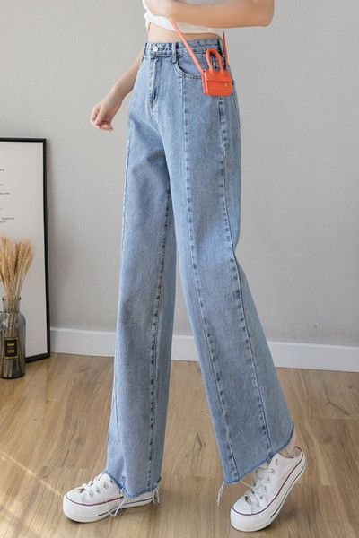 Alkalmi női hosszú farmernadrág magas derékkal - egyenes modell