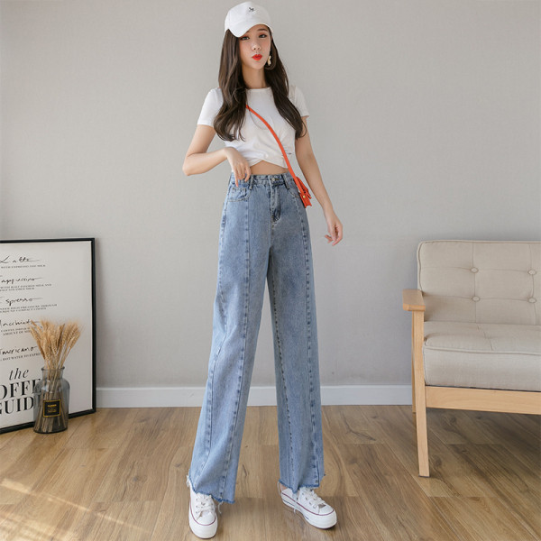 Alkalmi női hosszú farmernadrág magas derékkal - egyenes modell