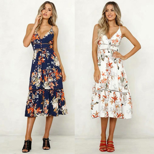 Moderna ženska duga haljina s tankim naramenicama, cvjetnim uzorkom i dubokim dekolteom