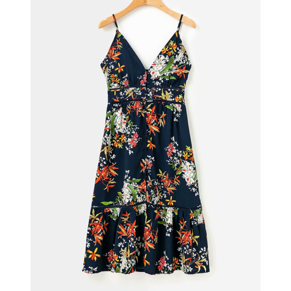 Moderna ženska duga haljina s tankim naramenicama, cvjetnim uzorkom i dubokim dekolteom