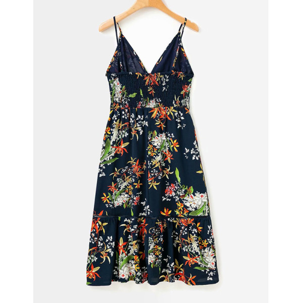 Moderna ženska duga haljina s tankim naramenicama, cvjetnim uzorkom i dubokim dekolteom