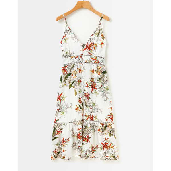 Moderna ženska duga haljina s tankim naramenicama, cvjetnim uzorkom i dubokim dekolteom