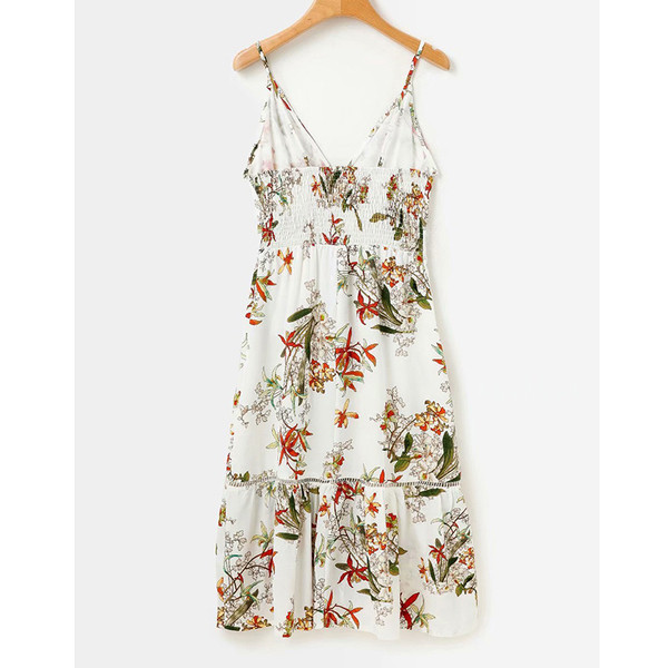 Moderna ženska duga haljina s tankim naramenicama, cvjetnim uzorkom i dubokim dekolteom