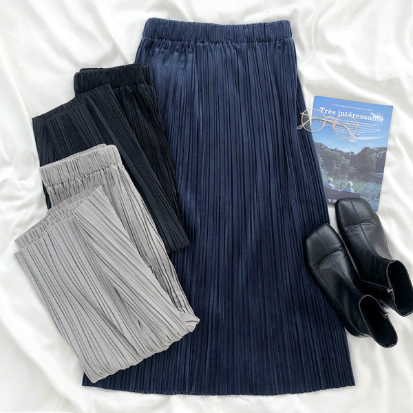 Fusta retro plisata din catifea cu talie inalta